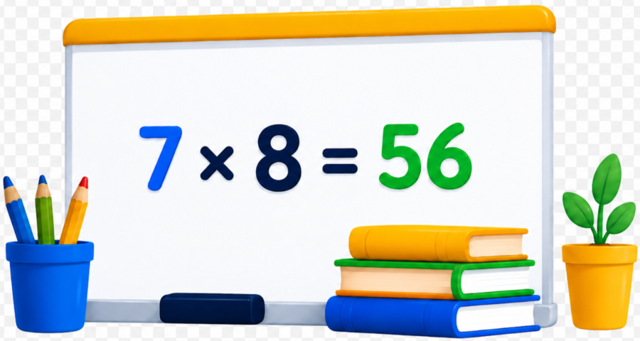 Whiteboard showing 7 times 8 equals 56